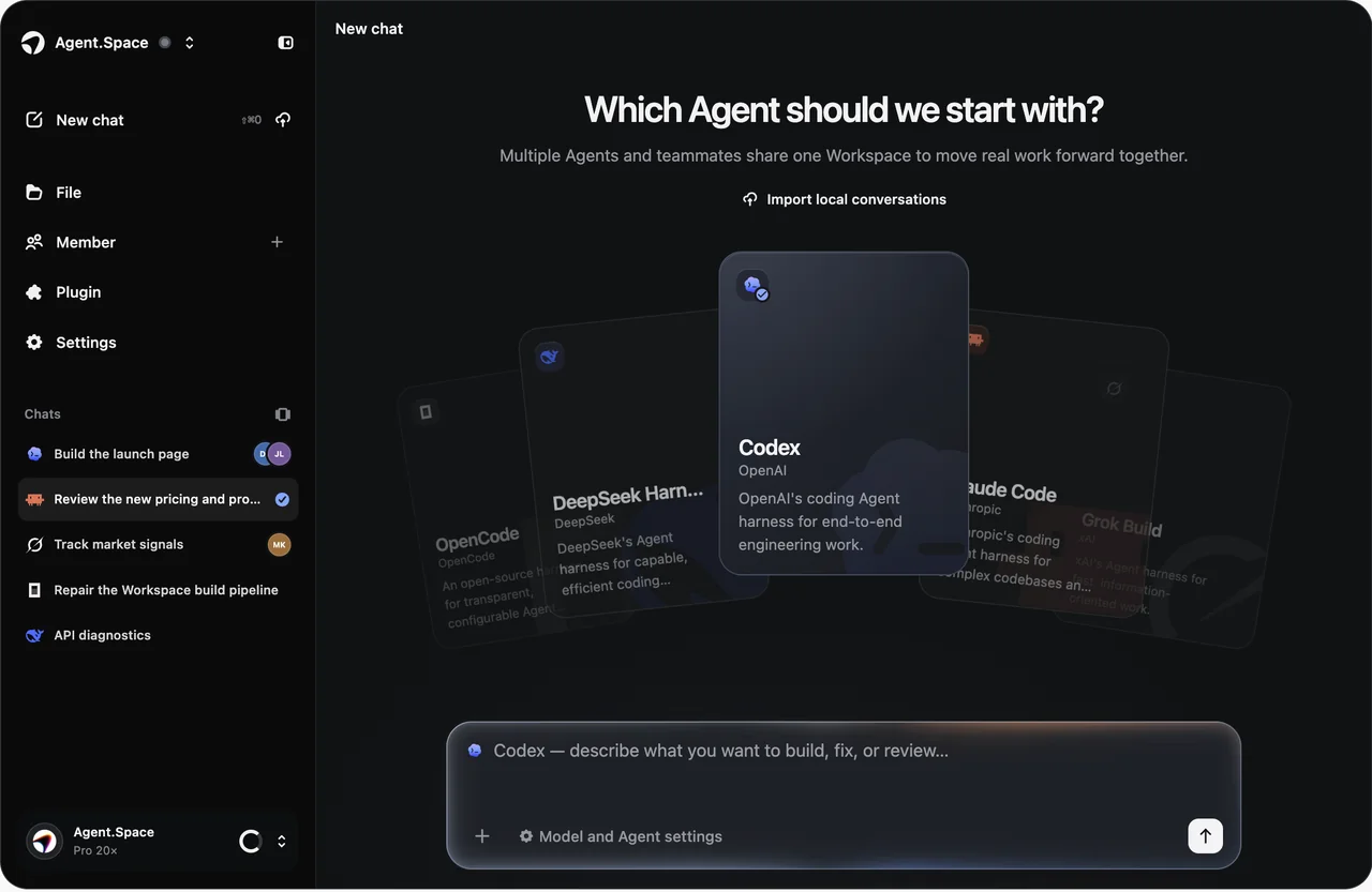 Agent.Space Workspace interface with the Agent selector, project navigation, and task composer